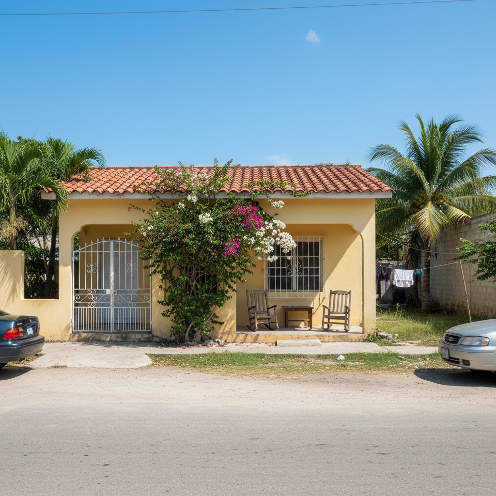 Casa de una planta de color amarillo con techo de tejas, un porche con dos mecedoras y una buganvilla florecida en la fachada.