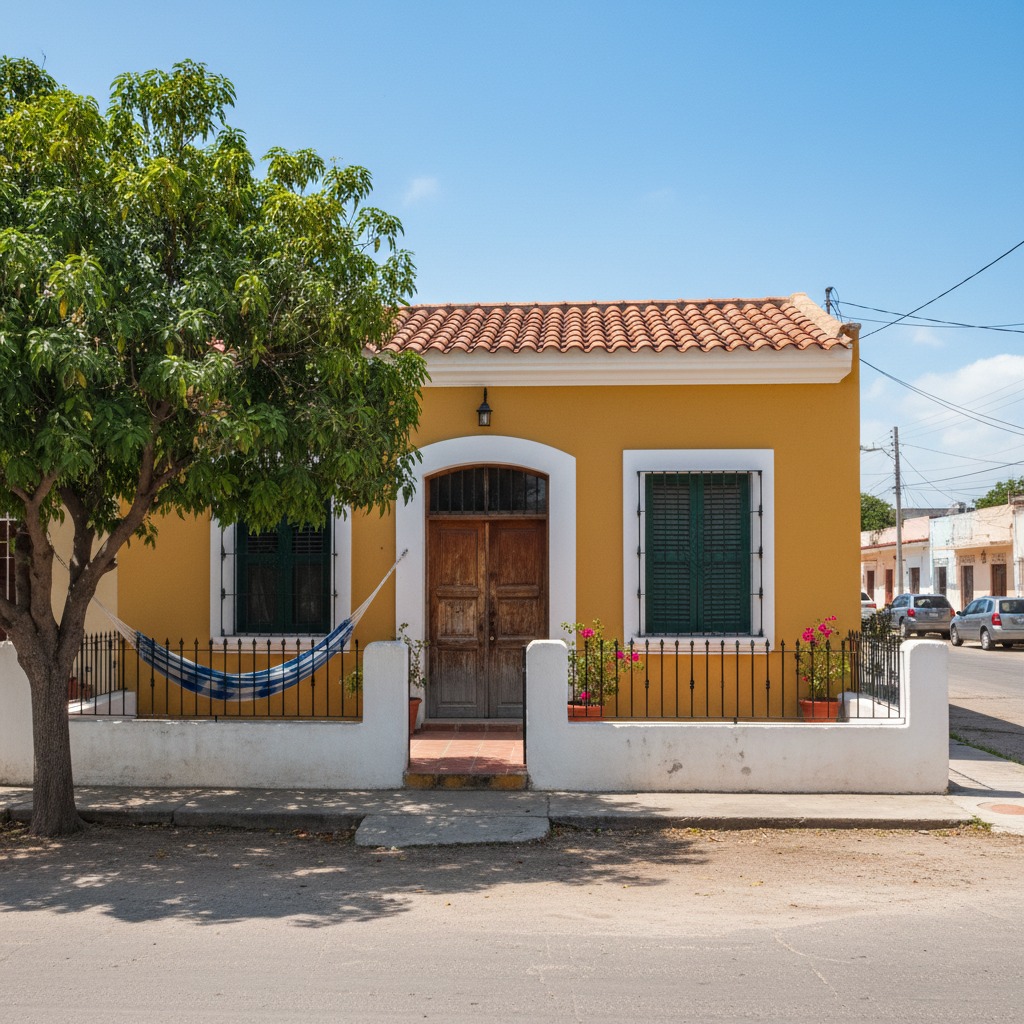 Casa de color amarillo con techo de tejas, una hamaca en el porche y una puerta de madera en una calle soleada.